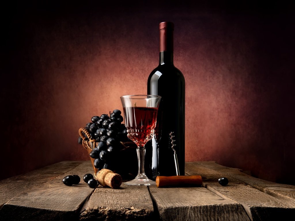 Обои виноград, бокал, вино, бутылка, натюрморт, штопор, деревянная поверхность, grapes, glass, wine, bottle, still life, corkscrew, wooden surface разрешение 4122x3073 Загрузить