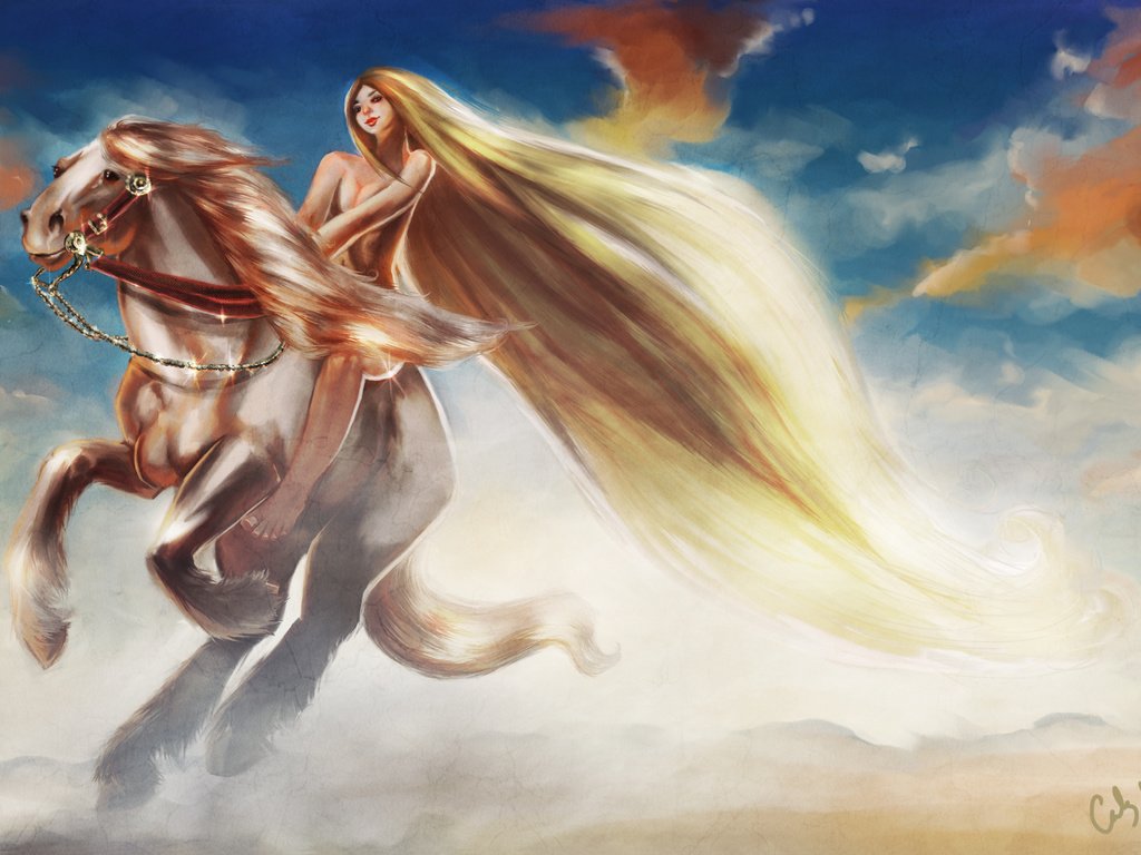 Обои длинные волосы, небо, lady godiva, арт, облака, девушка, животное, конь, грива, скачет, long hair, the sky, art, clouds, girl, animal, horse, mane, jump разрешение 4800x2700 Загрузить