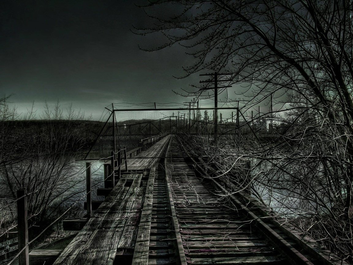 Обои дорога, мрак, ветки, железная, road, the darkness, branches, iron разрешение 1920x1200 Загрузить