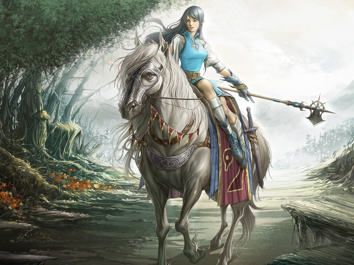 Обои лошадь, лес, девушка, оружие, меч, сказка, horse, forest, girl, weapons, sword, tale разрешение 1920x1200 Загрузить