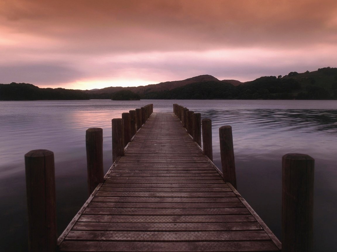 Обои озеро, холмы, закат, причал, lake, hills, sunset, pier разрешение 1920x1200 Загрузить