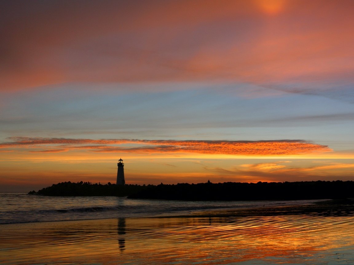 Обои закат, отражение, маяк, sunset, reflection, lighthouse разрешение 1920x1440 Загрузить