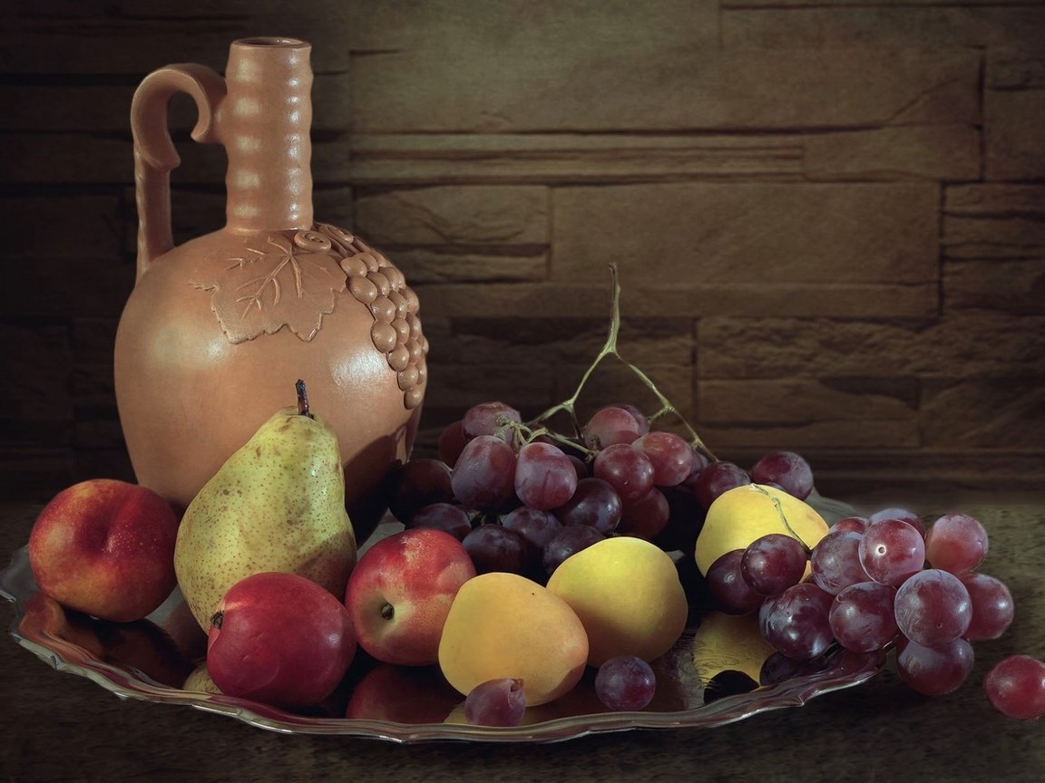 Обои виноград, фрукты, кувшин, натюрморт, груша, нектарин, grapes, fruit, pitcher, still life, pear, nectarine разрешение 1920x1211 Загрузить