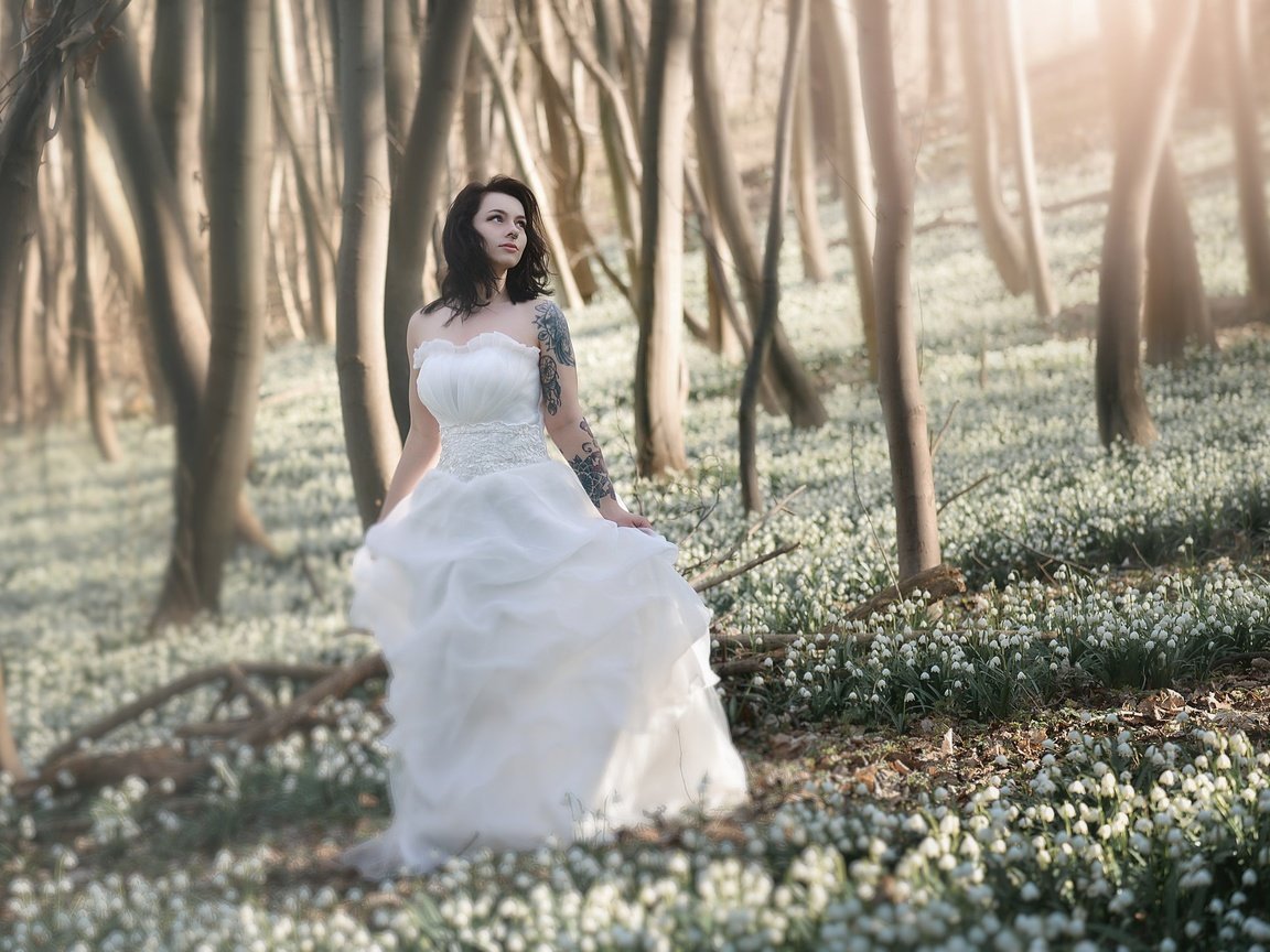 Обои цветы, лес, девушка, платье, брюнетка, тату, невеста, flowers, forest, girl, dress, brunette, tattoo, the bride разрешение 2048x1453 Загрузить