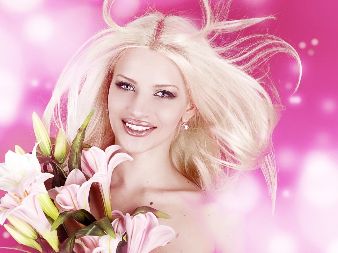 Обои цветы, девушка, блондинка, улыбка, модель, губы, лилии, боке, flowers, girl, blonde, smile, model, lips, lily, bokeh разрешение 3872x2448 Загрузить