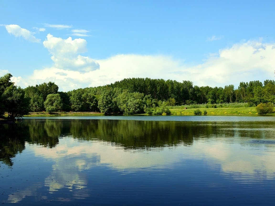 Обои небо, пейзаж, облака, деревья, вода, озеро, река, природа, отражение, the sky, landscape, clouds, trees, water, lake, river, nature, reflection разрешение 1950x1297 Загрузить