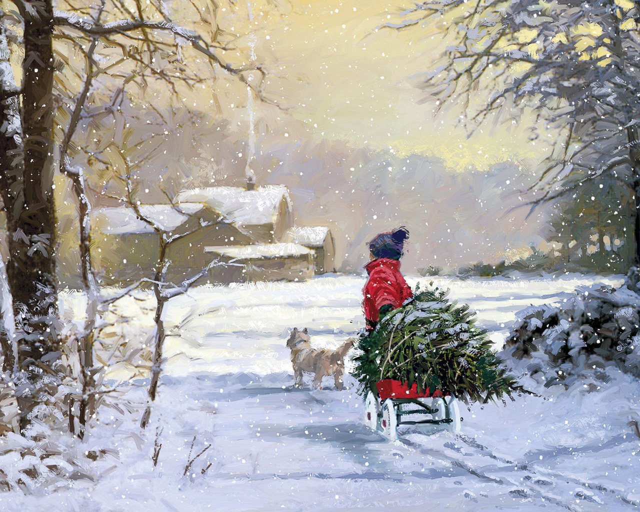 Обои елка, зима, собака, ребенок, tree, winter, dog, child разрешение 1920x1200 Загрузить