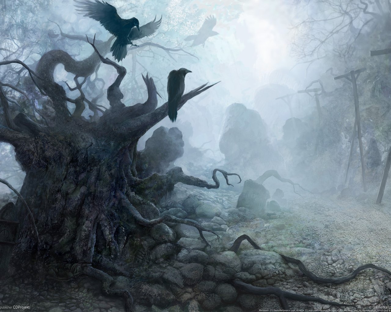 Обои рисунок, камни, мрак, ведьмак, вороны, figure, stones, the darkness, the witcher, crows разрешение 1920x1200 Загрузить