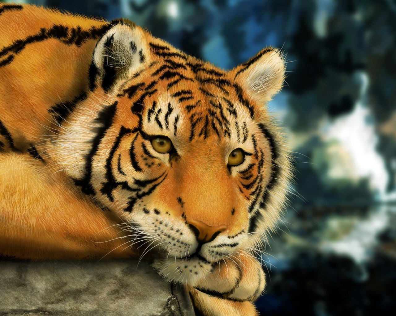 Обои тигр, морда, лапы, смотрит, хищник, большая кошка, отдых, бенгальский тигр, tiger, face, paws, looks, predator, big cat, stay, bengal tiger разрешение 2560x1600 Загрузить