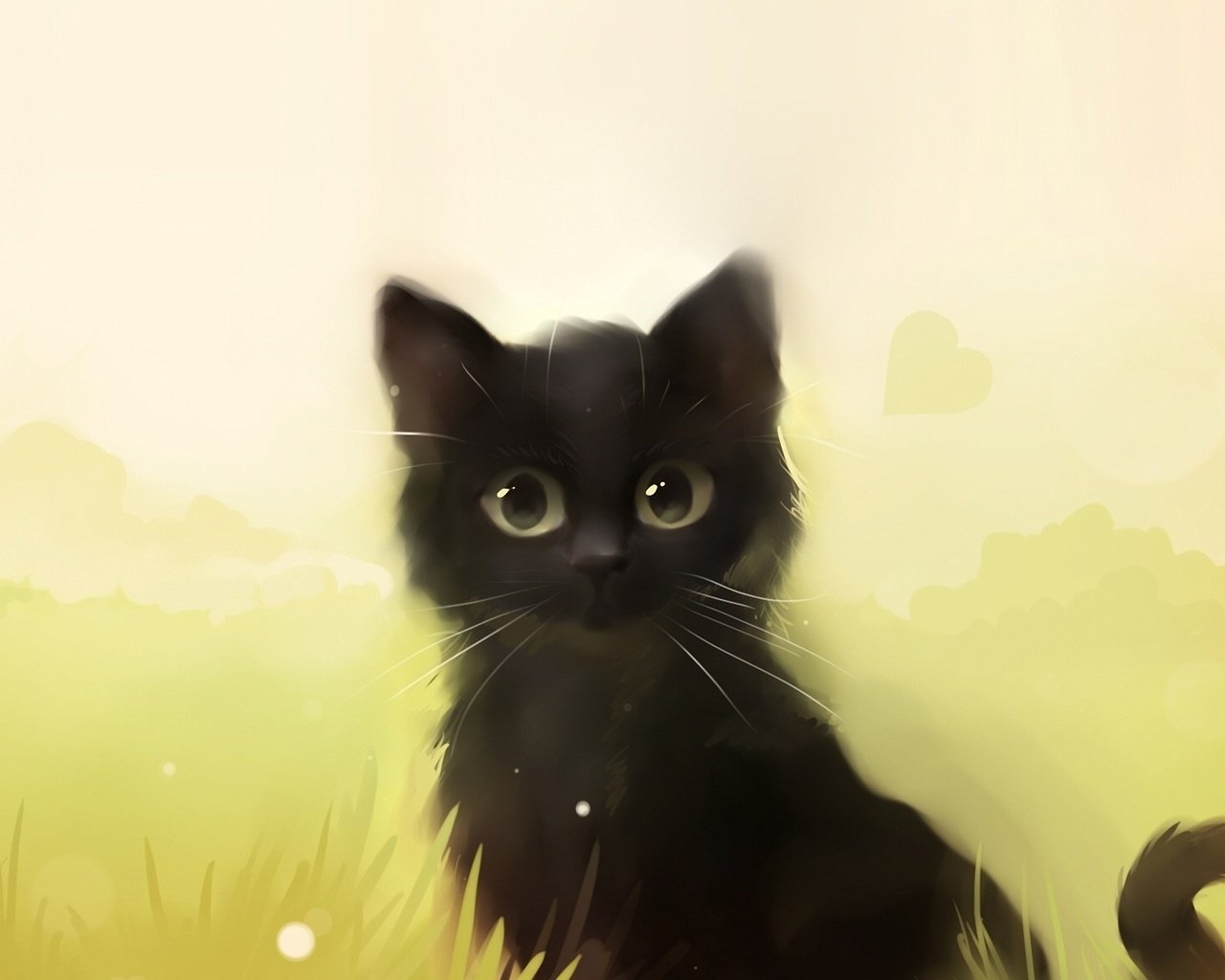 Обои арт, трава, кошка, котенок, черный, apofiss, art, grass, cat, kitty, black разрешение 1920x1165 Загрузить