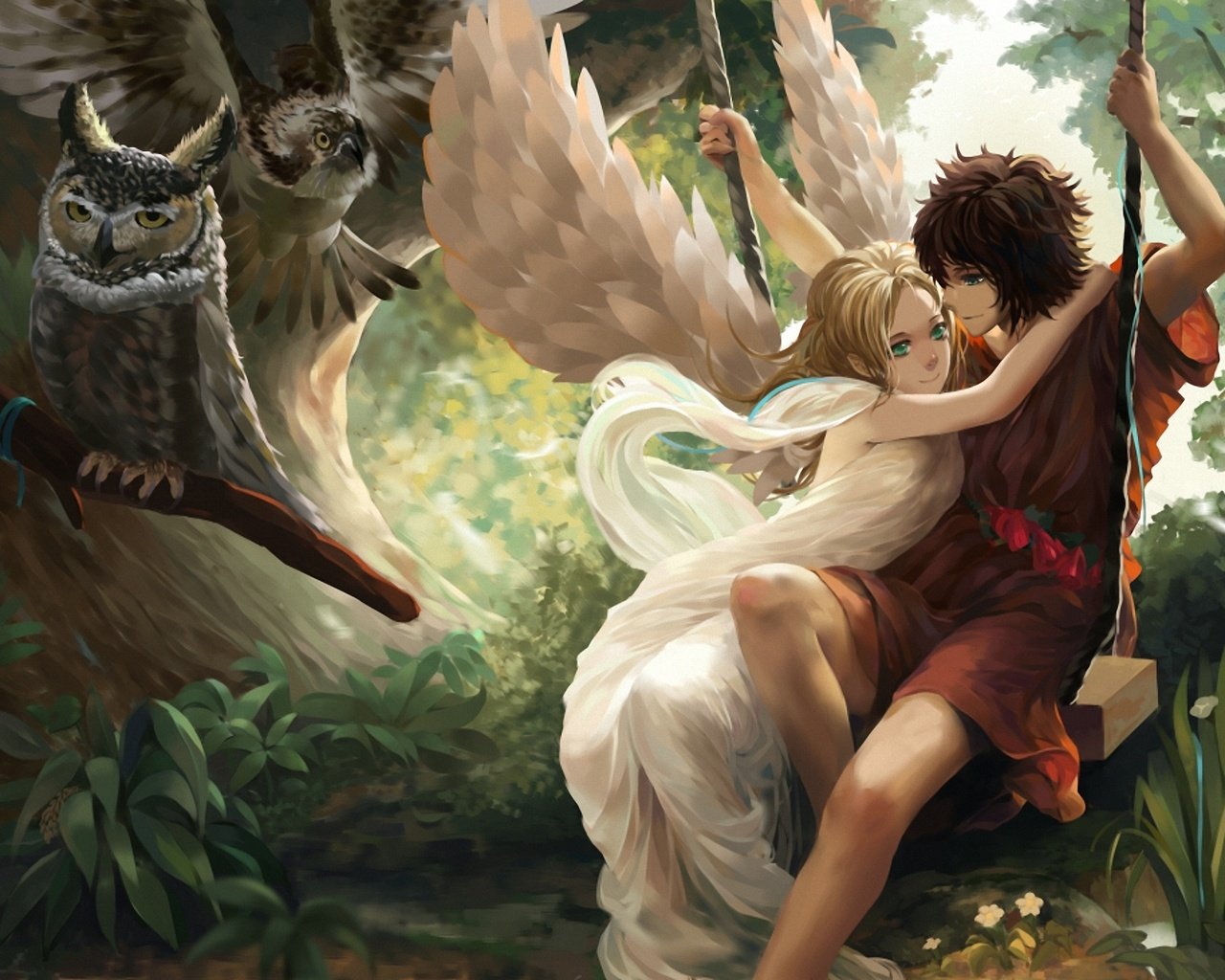 Обои арт, лес, девушка, парень, крылья, ангел, качели, liuruoyu8888, art, forest, girl, guy, wings, angel, swing разрешение 1920x1371 Загрузить