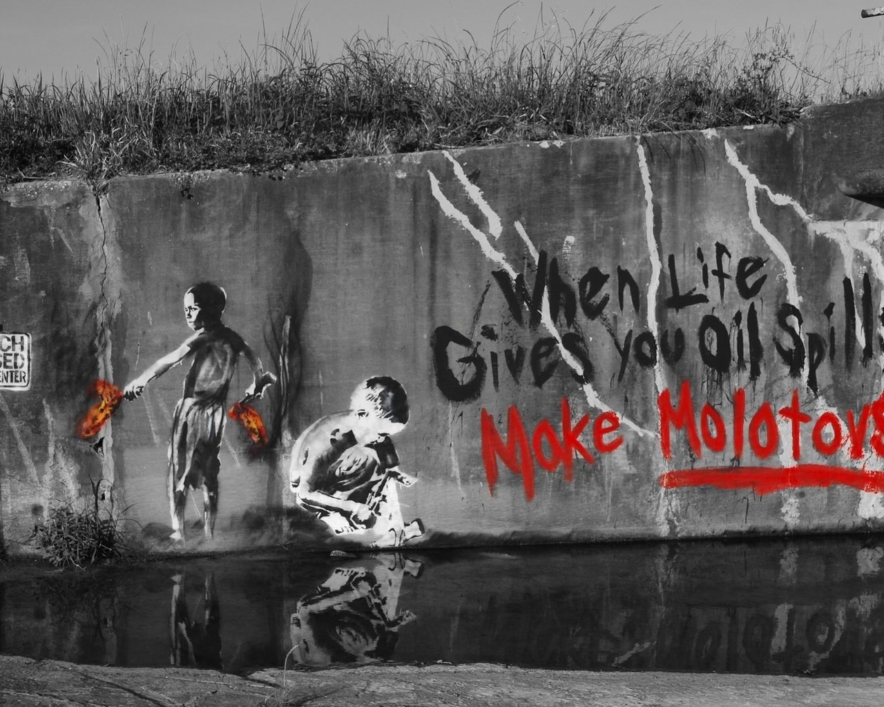 Обои рисунок, when life gives you oil spills make molotovs, надпись, стена, дети, граффити, трафарет, стенсил, коктейль молотова, figure, the inscription, wall, children, graffiti, stencil, stensil, a molotov cocktail разрешение 1920x1200 Загрузить