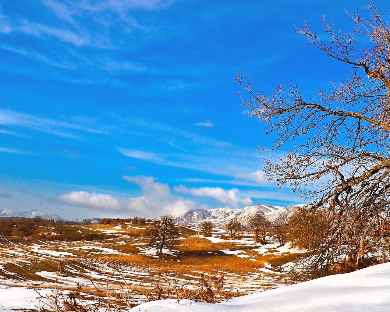 Обои небо, деревья, горы, снег, долина, the sky, trees, mountains, snow, valley разрешение 2048x1152 Загрузить