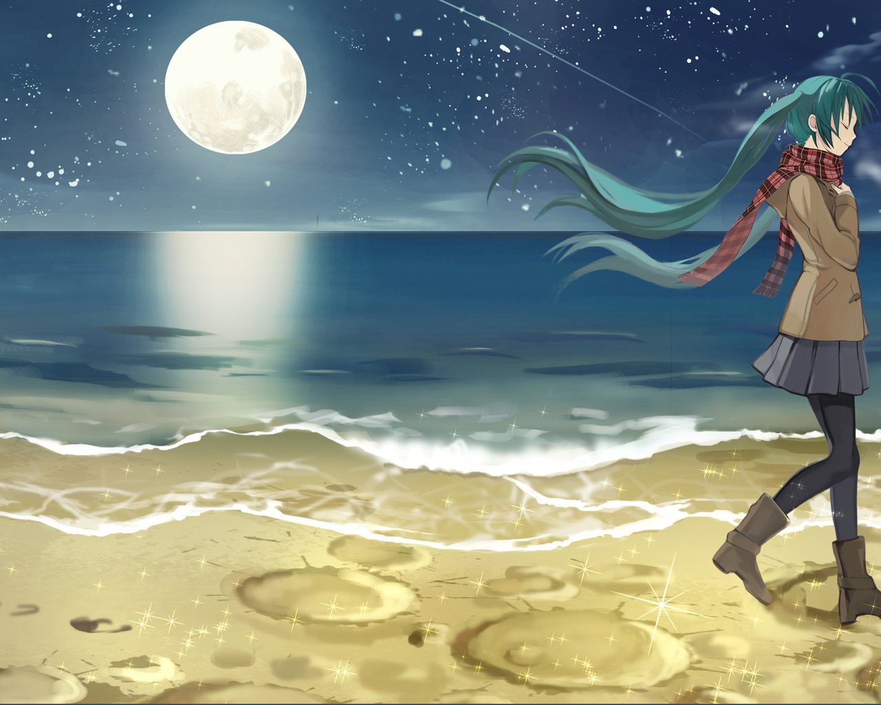 Обои арт, ночь, берег, девушка, аниме, kari kenji, мику хацунэ, art, night, shore, girl, anime, hatsune miku разрешение 1956x1174 Загрузить