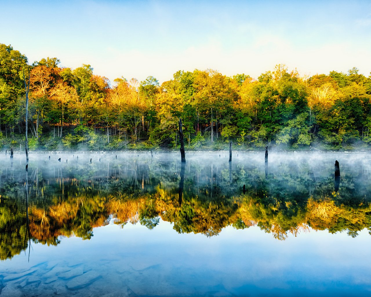 Обои деревья, озеро, природа, отражение, туман, trees, lake, nature, reflection, fog разрешение 2048x1365 Загрузить