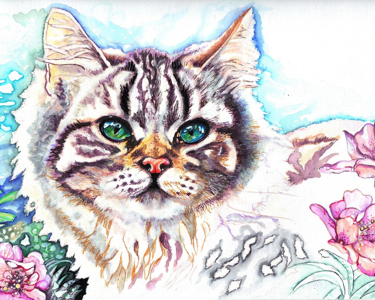 Обои цветы, christina papagianni, кот, мордочка, взгляд, животное, уши, зеленые глаза, живопись, flowers, cat, muzzle, look, animal, ears, green eyes, painting разрешение 2880x2016 Загрузить