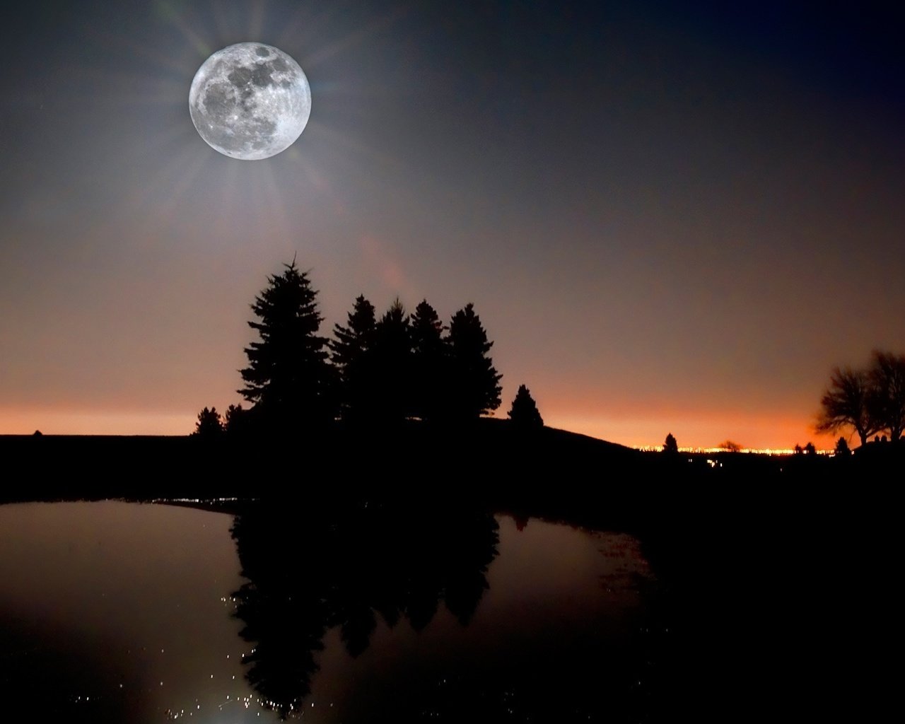 Обои небо, ночь, деревья, река, отражение, звезды, луна, the sky, night, trees, river, reflection, stars, the moon разрешение 1920x1080 Загрузить