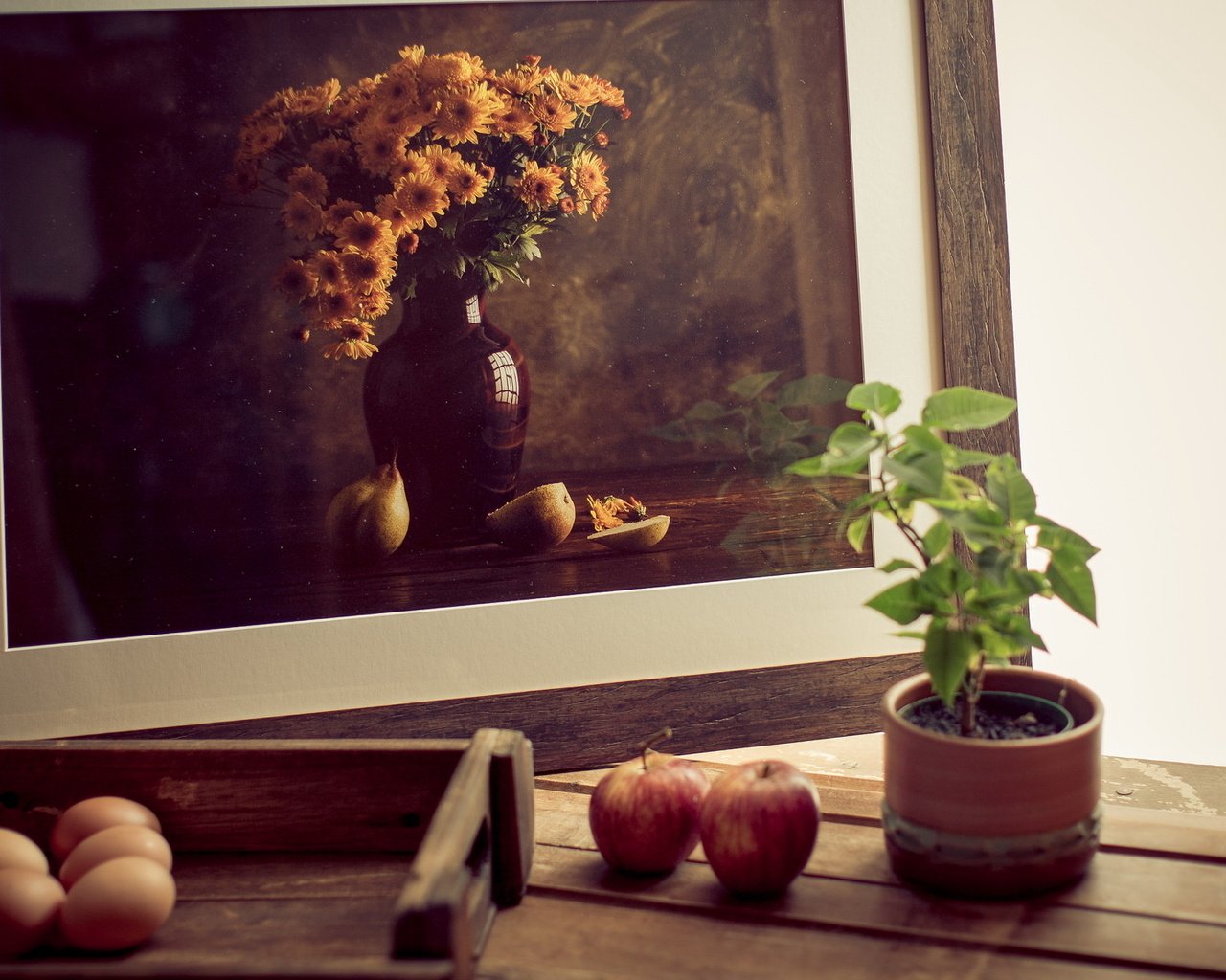 Обои яблоки, растение, яйца, рамка, фотография, натюрморт, горшочек, apples, plant, eggs, frame, photo, still life, pot разрешение 2048x1152 Загрузить