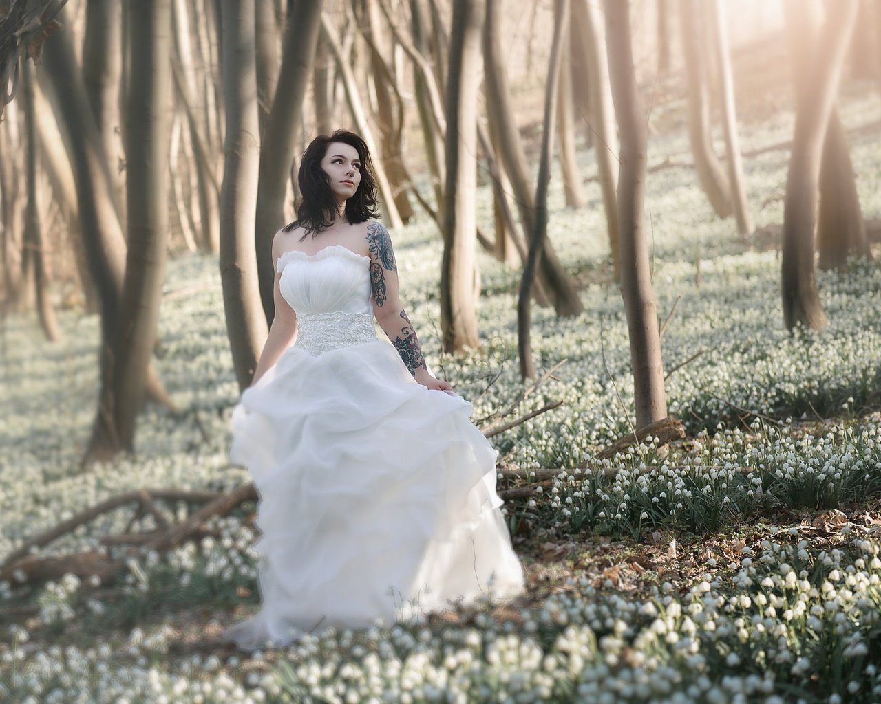 Обои цветы, лес, девушка, платье, брюнетка, тату, невеста, flowers, forest, girl, dress, brunette, tattoo, the bride разрешение 2048x1453 Загрузить