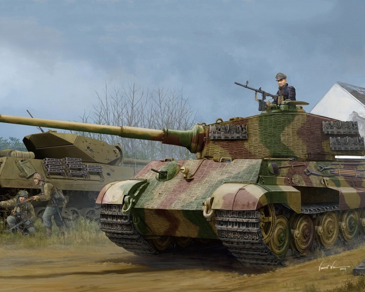 Обои арт, tiger ii, немецкий танк, w_zimmerit, pz.kpfw.vi ausf.b, (henschel 1944 production), (sd.kfz.182), art, german tank, (1944 henschel production) разрешение 1920x1200 Загрузить