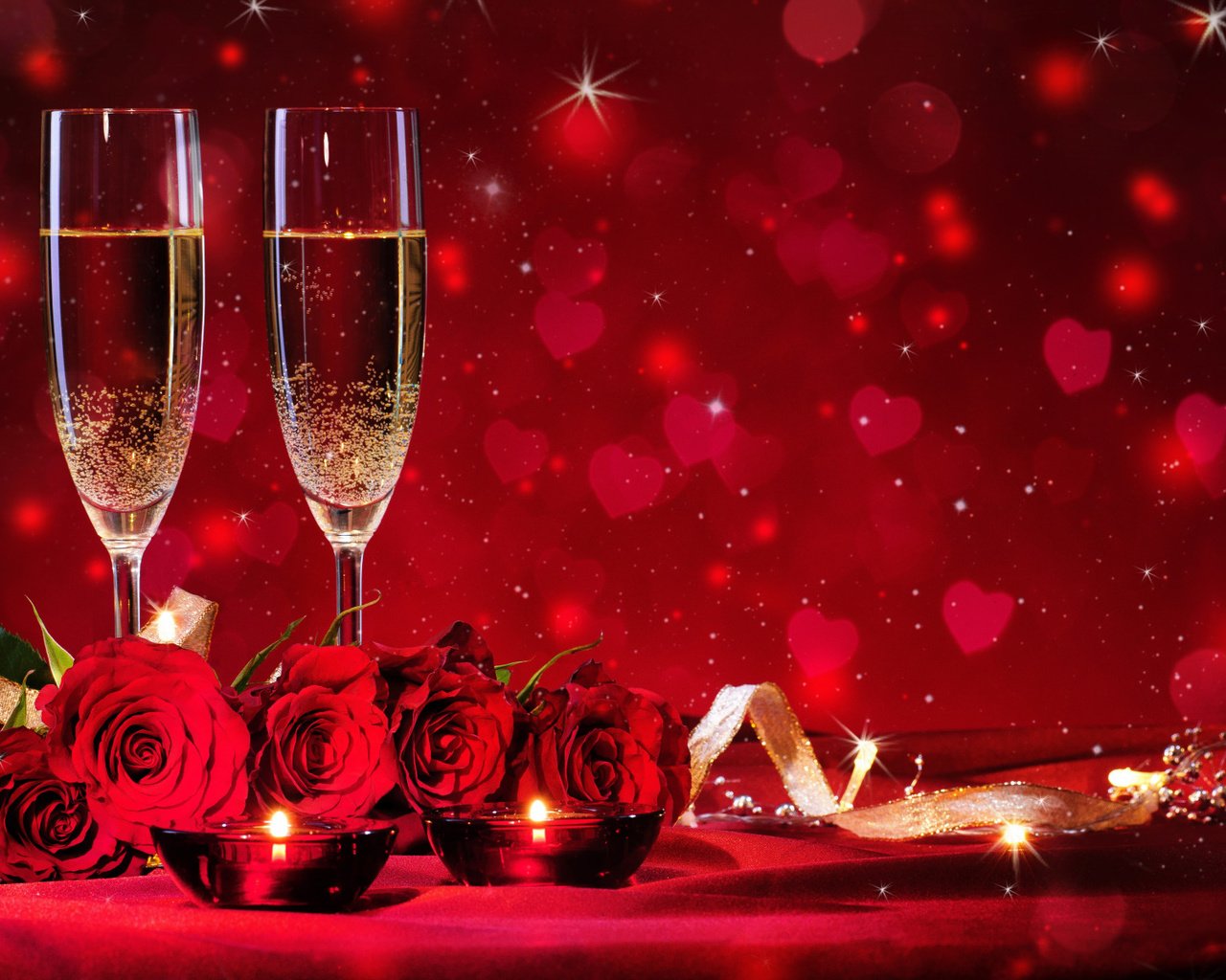 Обои сердечки, цветы, шампанское, свечи, день святого валентина, фон, розы, боке, огонь, красные, ленточки, бокалы, hearts, flowers, champagne, candles, valentine's day, background, roses, bokeh, fire, red, ribbons, glasses разрешение 1920x1200 Загрузить