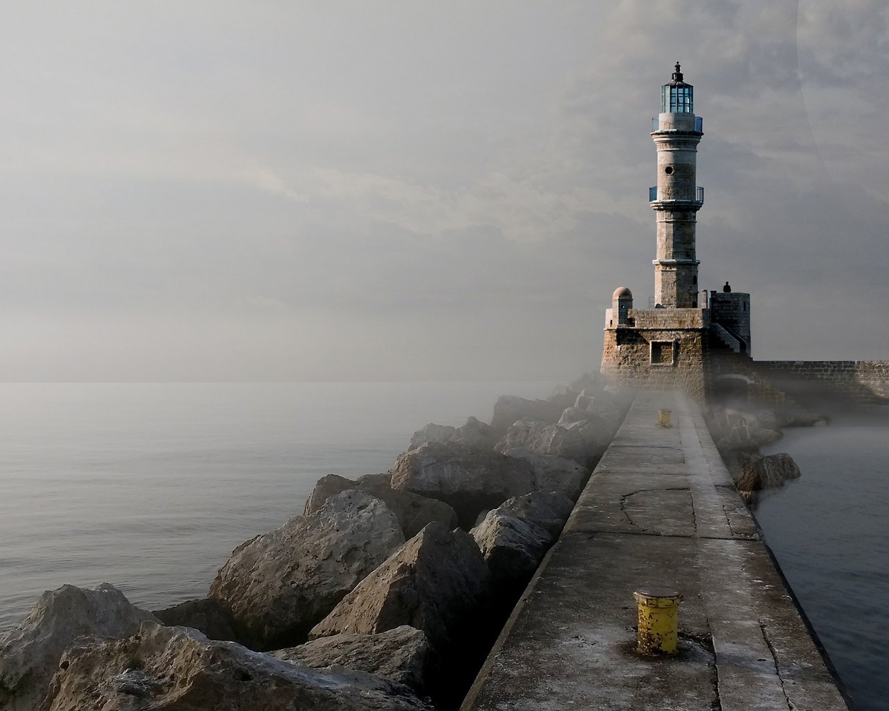 Обои камни, море, туман, маяк, пирс, гавань, stones, sea, fog, lighthouse, pierce, harbour разрешение 3202x1792 Загрузить