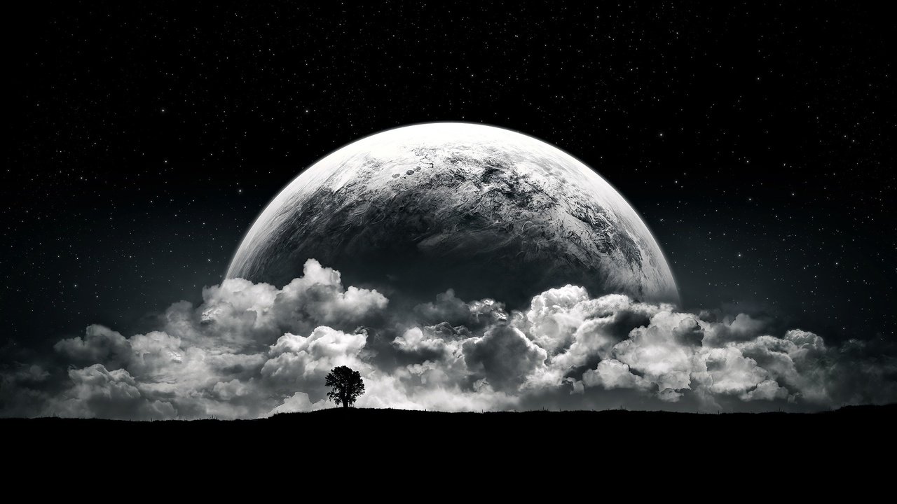 Обои облака, ночь, дерево, планета, фэнтези, clouds, night, tree, planet, fantasy разрешение 1920x1080 Загрузить