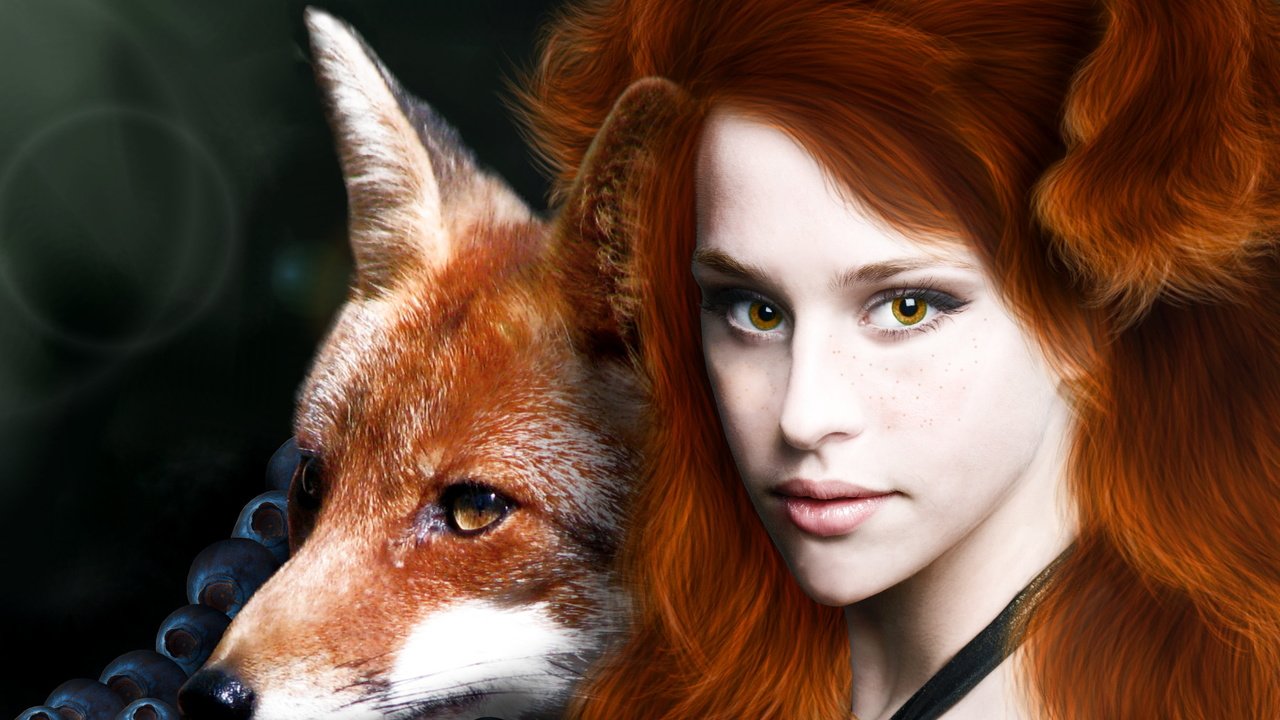 Обои глаза, животное, девушка, веснушки, фантастика, рыжие, взгляд, лиса, волосы, лицо, ягоды, eyes, animal, girl, freckles, fiction, red, look, fox, hair, face, berries разрешение 3317x2349 Загрузить