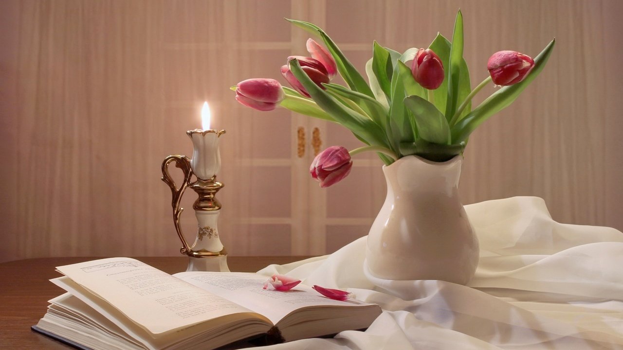 Обои настроение, романтика, букет, тюльпаны, свеча, книга, mood, romance, bouquet, tulips, candle, book разрешение 1920x1202 Загрузить