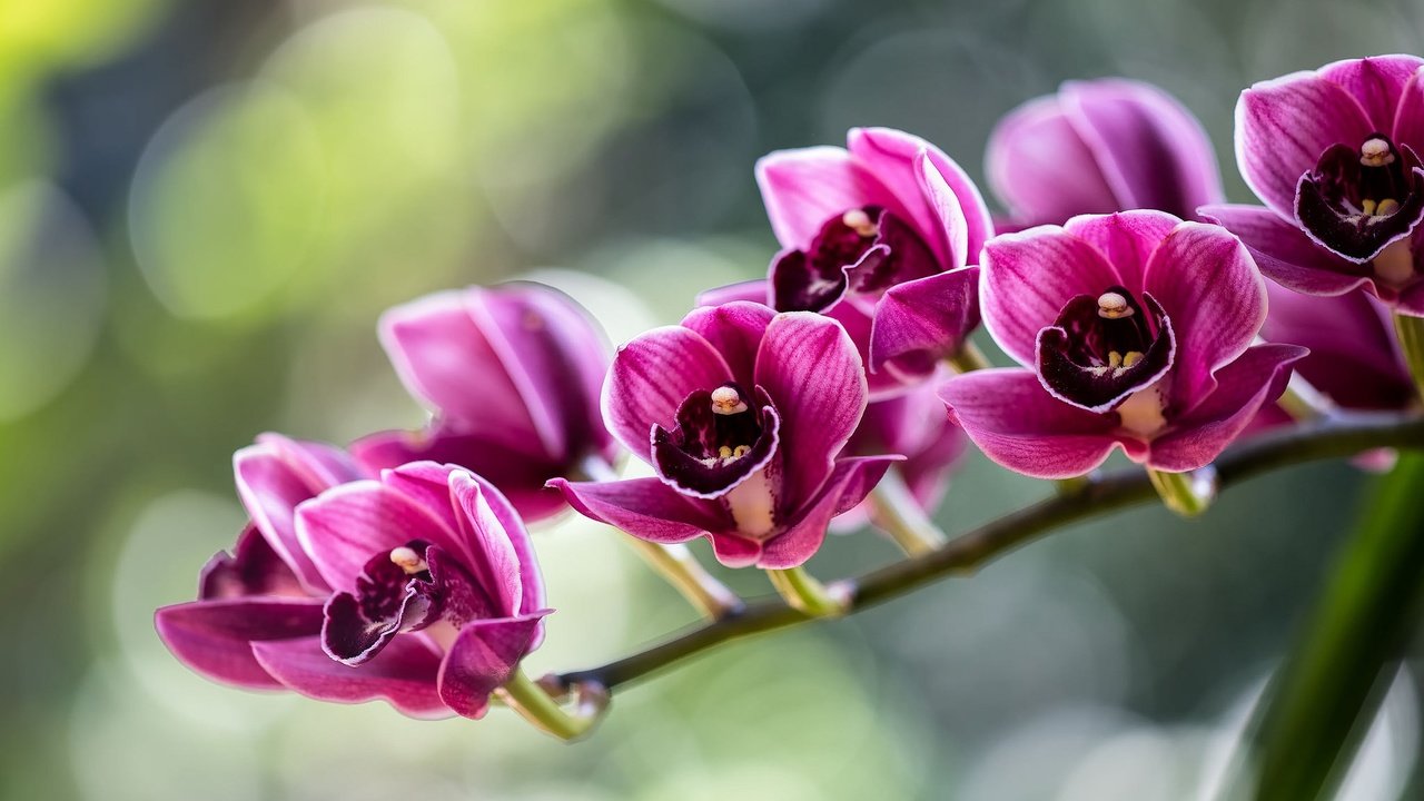Обои цветы, бутоны, лепестки, блики, веточка, орхидея, flowers, buds, petals, glare, sprig, orchid разрешение 2048x1366 Загрузить