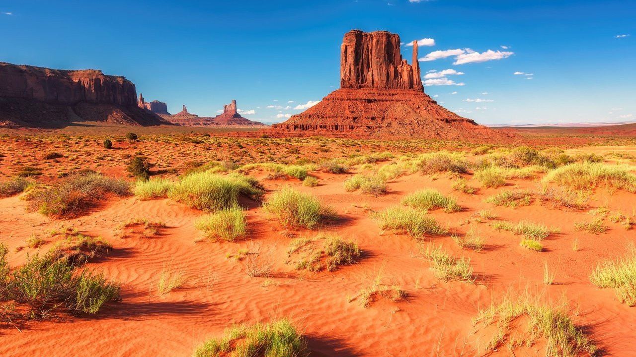 Обои трава, горы, скалы, пустыня, сша, аризона, долина монументов, grass, mountains, rocks, desert, usa, az, monument valley разрешение 1920x1282 Загрузить