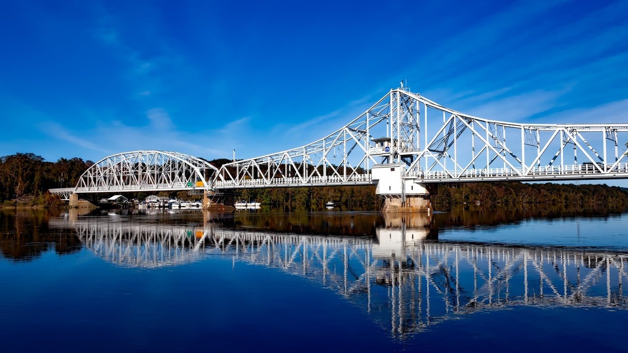 Обои небо, река, отражение, мост, сша, коннектикут, the sky, river, reflection, bridge, usa, connecticut разрешение 2200x1150 Загрузить