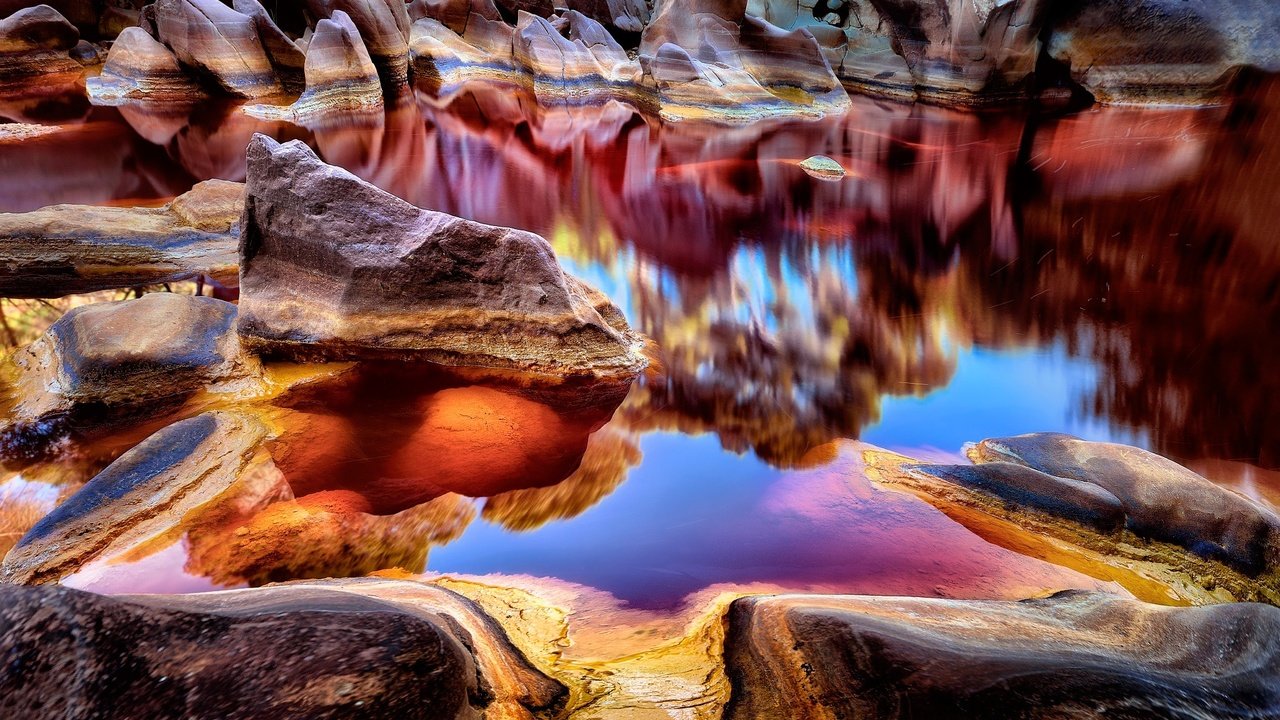 Обои река, природа, отражение, пейзаж, каньон, испания, рельеф, rio tinto, river, nature, reflection, landscape, canyon, spain, relief разрешение 2048x1156 Загрузить