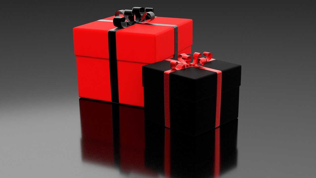 Обои подарки, черный, красный, ленты, коробки, gifts, black, red, tape, box разрешение 3000x1968 Загрузить