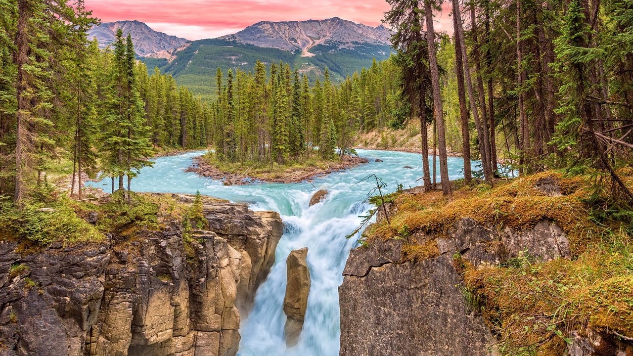 Обои река, горы, водопад, розовое небо, river, mountains, waterfall, pink sky разрешение 2046x1340 Загрузить