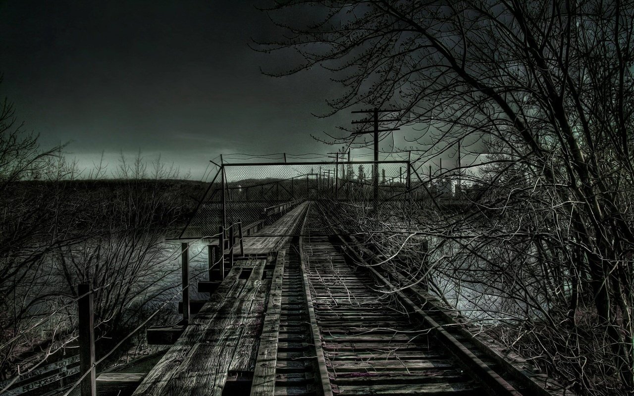 Обои дорога, мрак, ветки, железная, road, the darkness, branches, iron разрешение 1920x1200 Загрузить