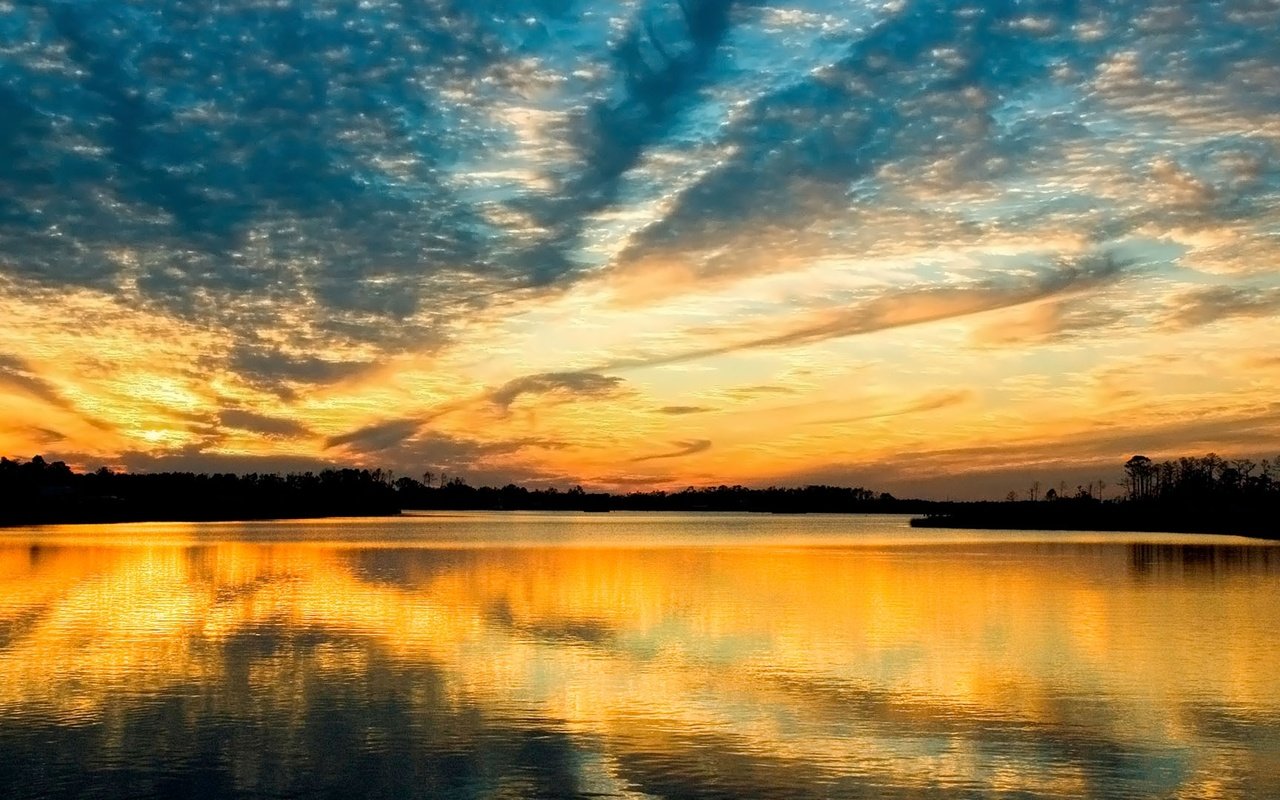 Обои небо, вода, вечер, озеро, берег, закат, the sky, water, the evening, lake, shore, sunset разрешение 1920x1080 Загрузить