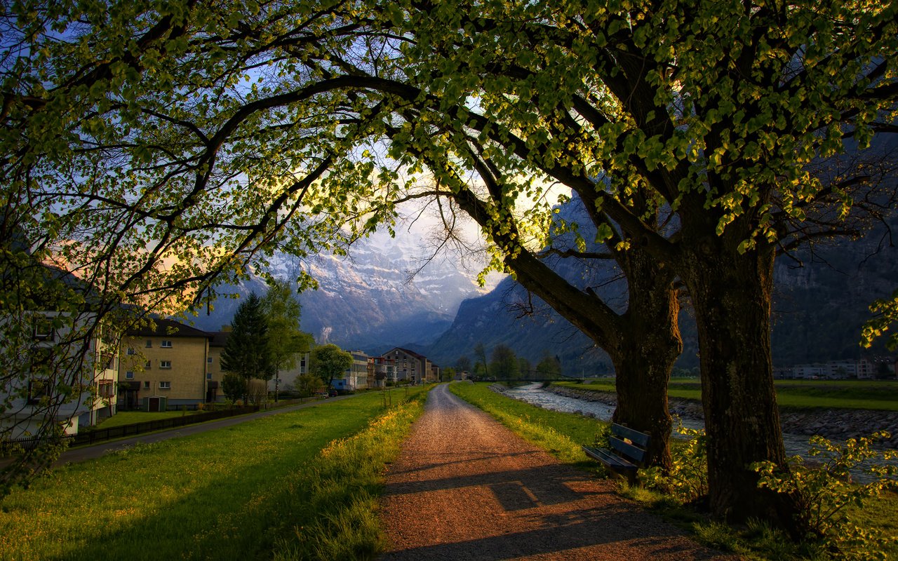 Обои дорога, деревья, вечер, швейцария, весна, road, trees, the evening, switzerland, spring разрешение 2560x1600 Загрузить