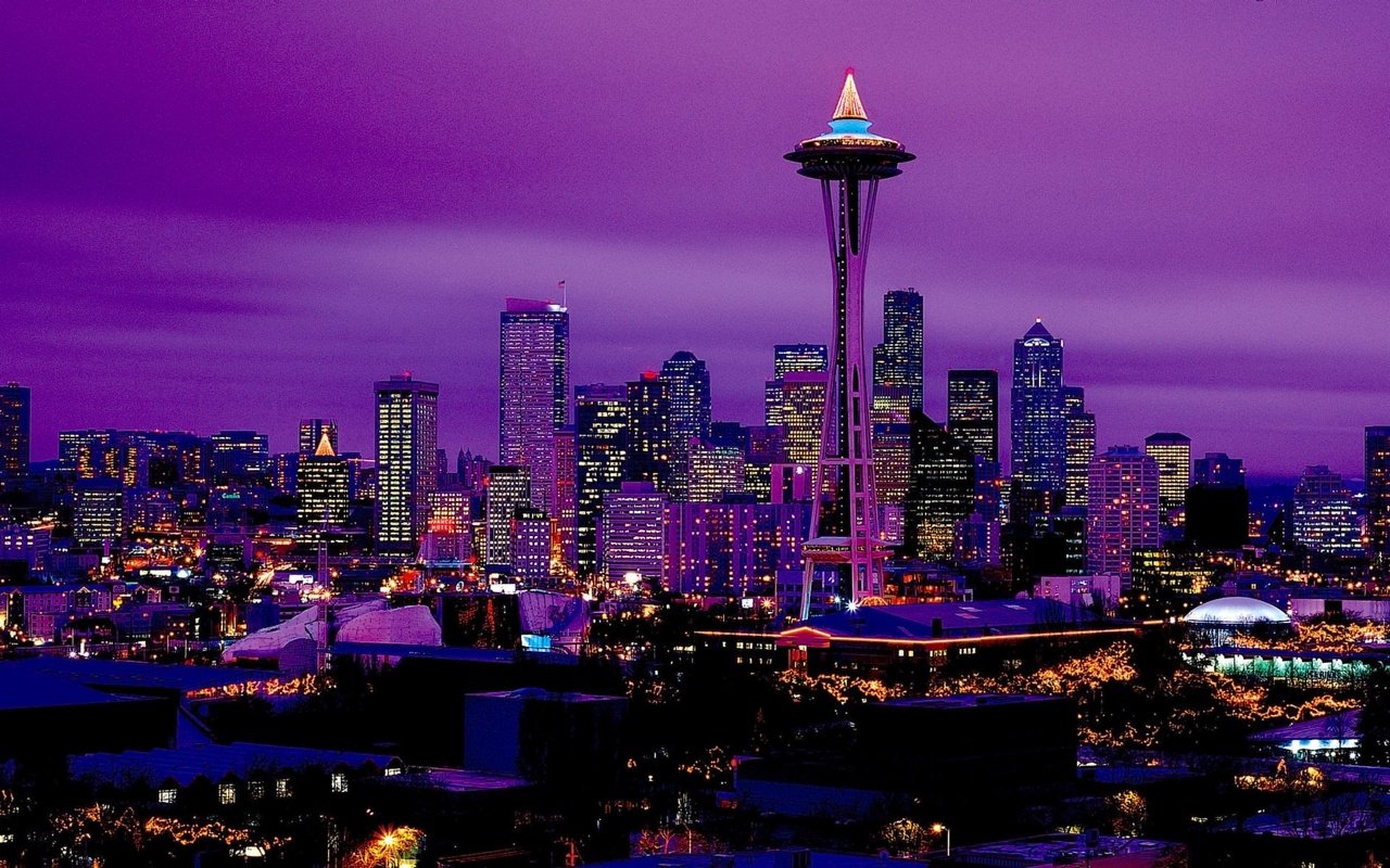 Обои панорама, ночной город, сиэтл, panorama, night city, seattle разрешение 3200x1200 Загрузить