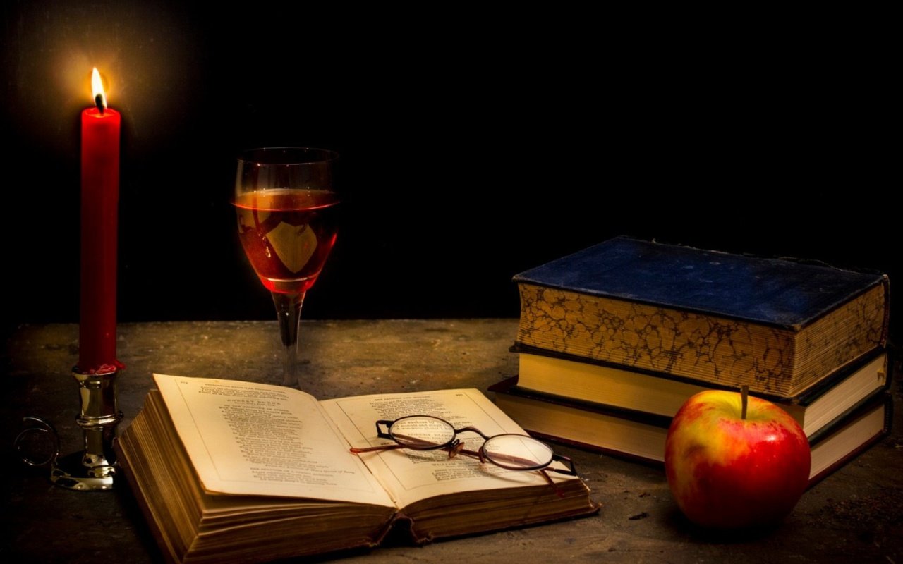 Обои очки, книги, бокал, яблоко, свеча, glasses, books, glass, apple, candle разрешение 1920x1080 Загрузить