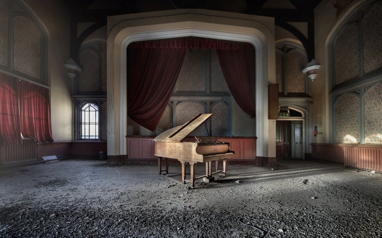 Обои музыка, зал, пианино, рояль, заброшеный, music, hall, piano, abandoned разрешение 1920x1200 Загрузить