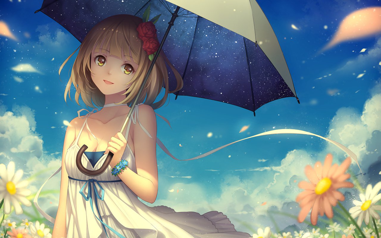 Обои цветы, арт, девушка, взгляд, аниме, зонт, flowers, art, girl, look, anime, umbrella разрешение 1920x1358 Загрузить
