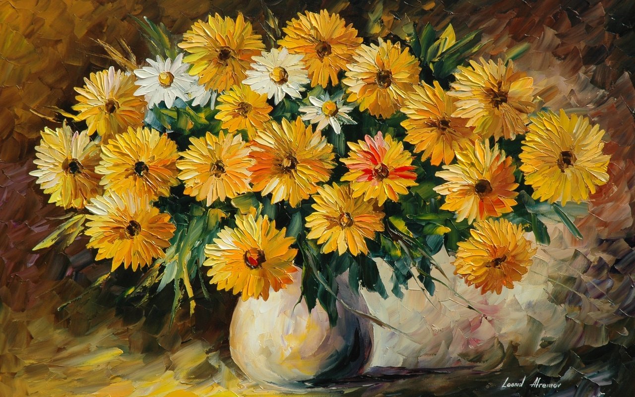 Обои цветы, букет, ваза, живопись, leonid afremov, flowers, bouquet, vase, painting разрешение 2813x1869 Загрузить