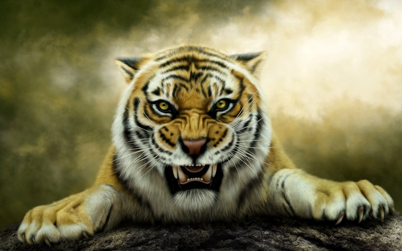 Обои тигр, хищник, фотошоп, оскал, нelena, tiger, predator, photoshop, grin, gb разрешение 2048x1152 Загрузить