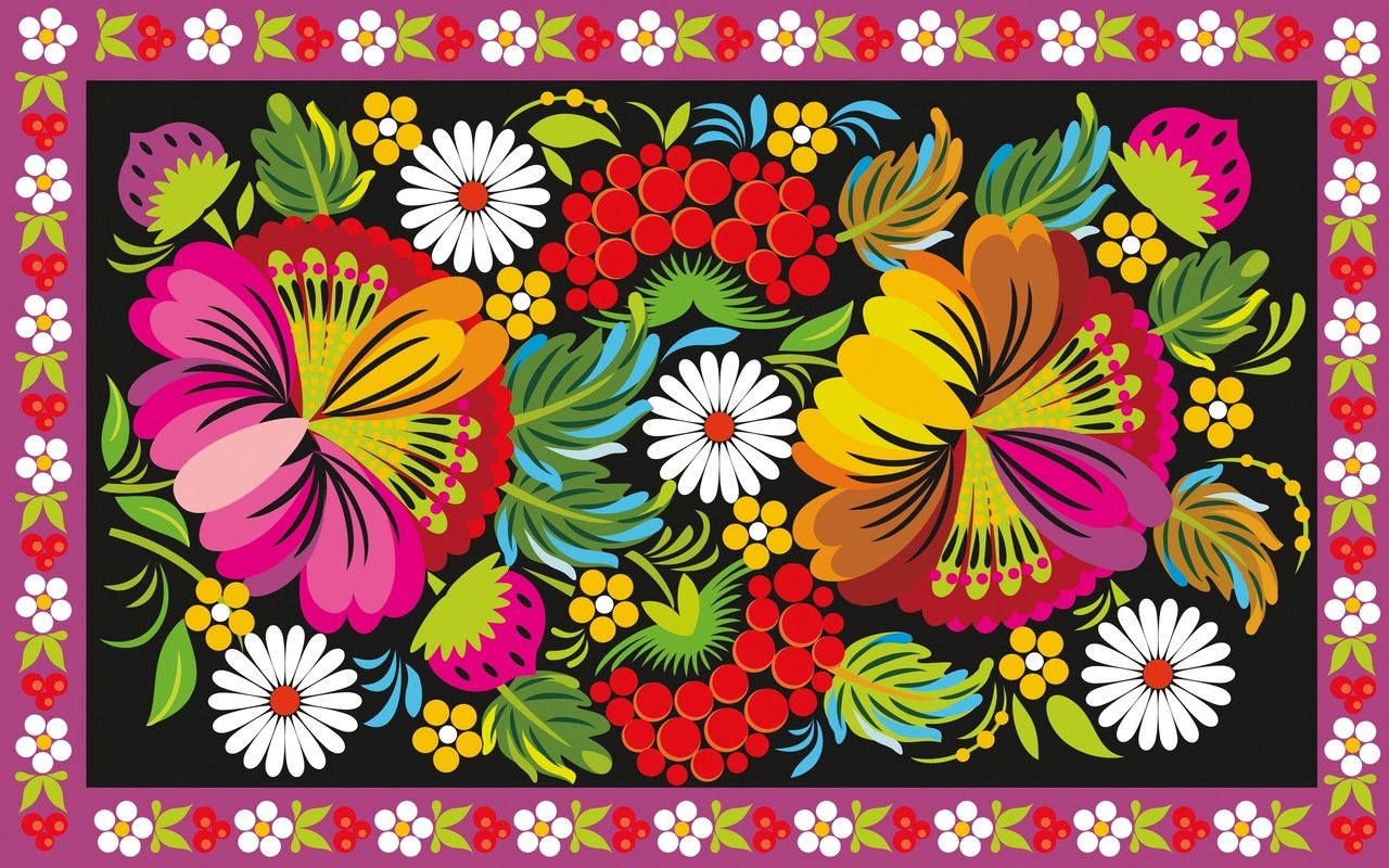 Обои цветы, узор, орнамент, ягоды, роспись, народный, flowers, pattern, ornament, berries, painting, folk разрешение 2500x1570 Загрузить