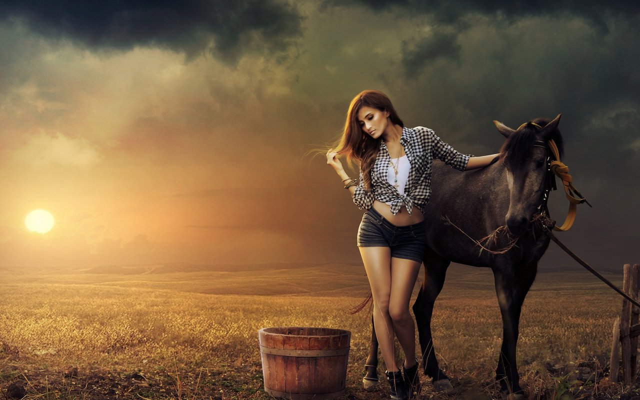 Обои лошадь, природа, закат, девушка, поза, поле, конь, шорты, horse, nature, sunset, girl, pose, field, shorts разрешение 2048x1356 Загрузить
