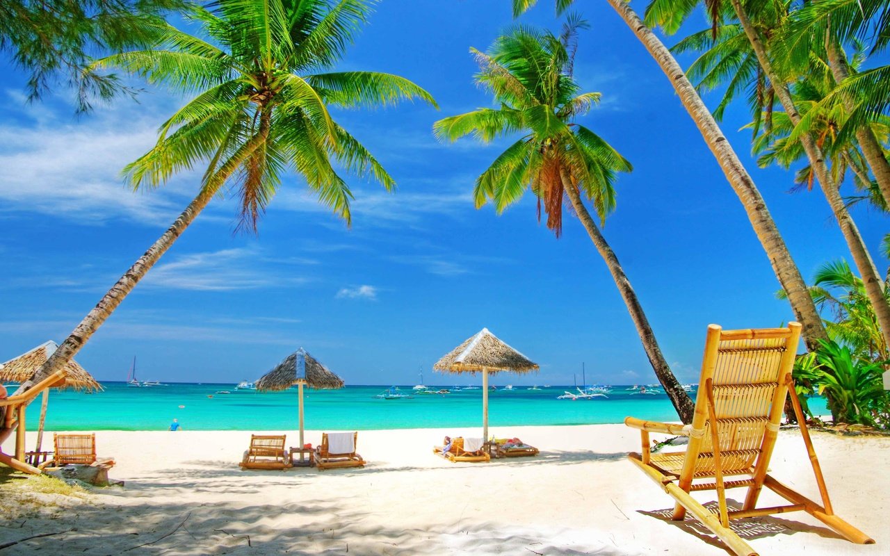 Обои море, песок, пляж, пальмы, отдых, зонтики, sea, sand, beach, palm trees, stay, umbrellas разрешение 3840x2400 Загрузить