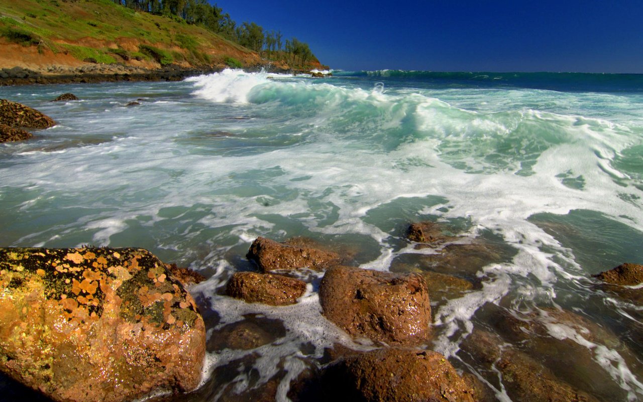 Обои скалы, побережье, океан, гавайи, kealia shoreline, kauai, rocks, coast, the ocean, hawaii разрешение 1920x1080 Загрузить