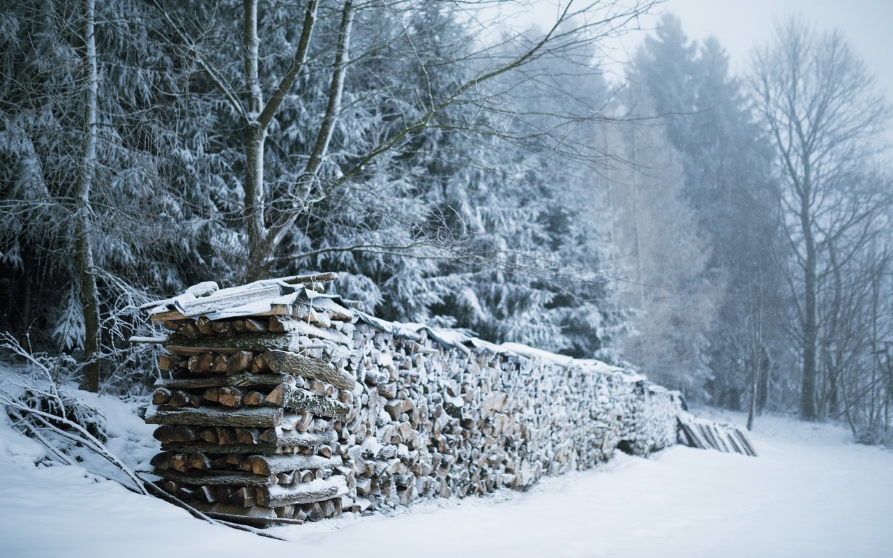 Обои снег, зима, дрова, snow, winter, wood разрешение 3840x2160 Загрузить