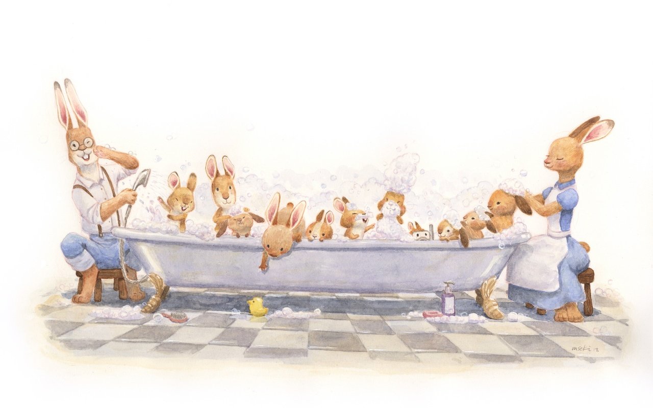 Обои семья, кролики, ванна, family, rabbits, bath разрешение 1920x1373 Загрузить